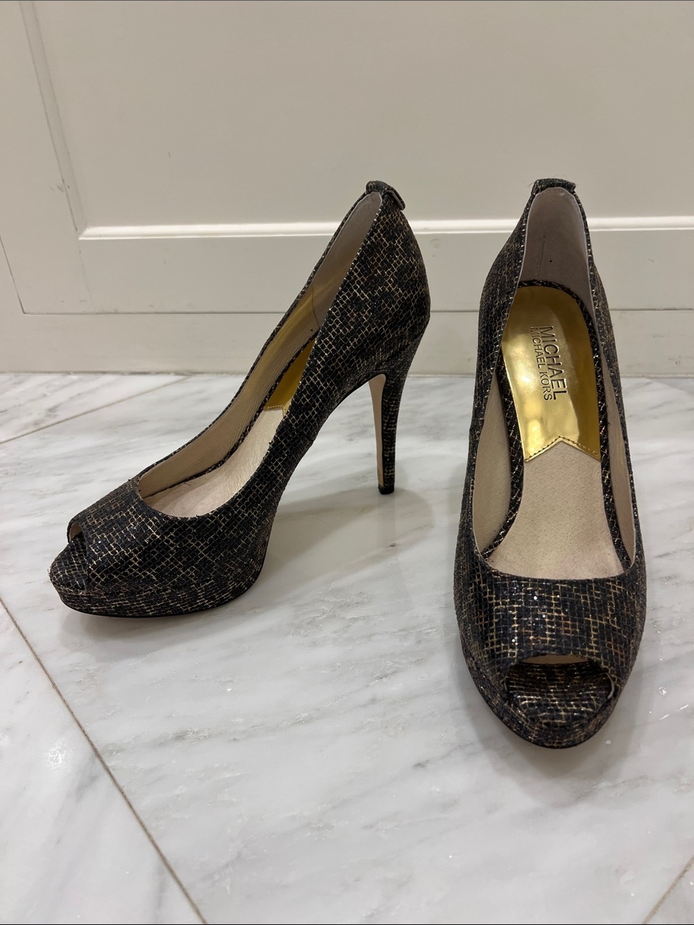 Michael Kors Black with Gold Accent Peep-Toe Stilettos